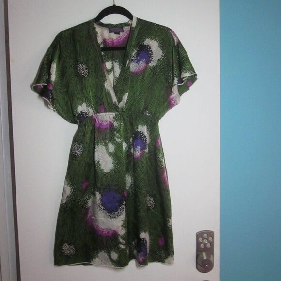 Hale Bob Anthropologie Womens Size S Green Floral Silk Pullover Kimono Dress  - Picture 10 of 13